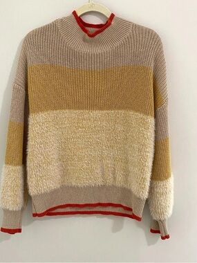 Very J Sweater Beige, Mustard & Orange Trim Colorblock Turtleneck Sweater